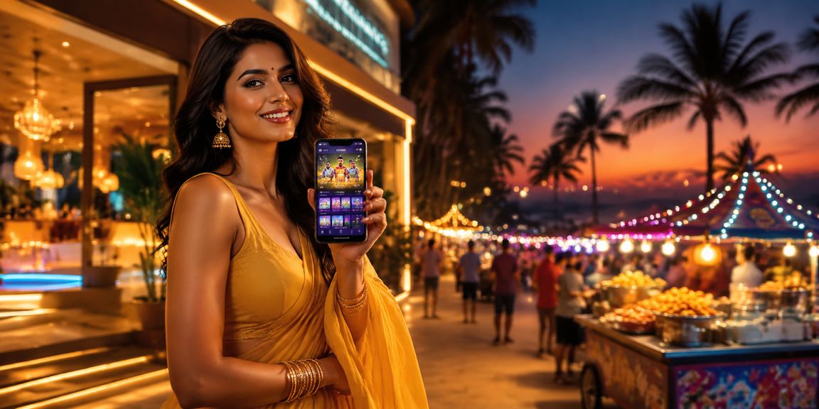 User playing lottery on mobile app with scenic Goa beach background