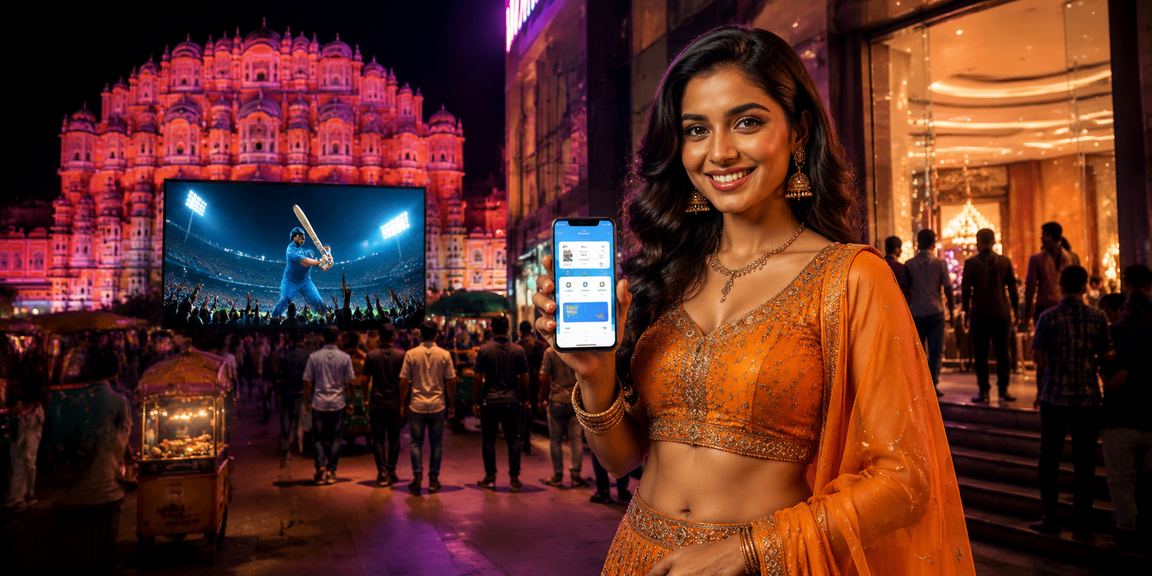 User placing cricket bets using mobile device in Jaipur night market